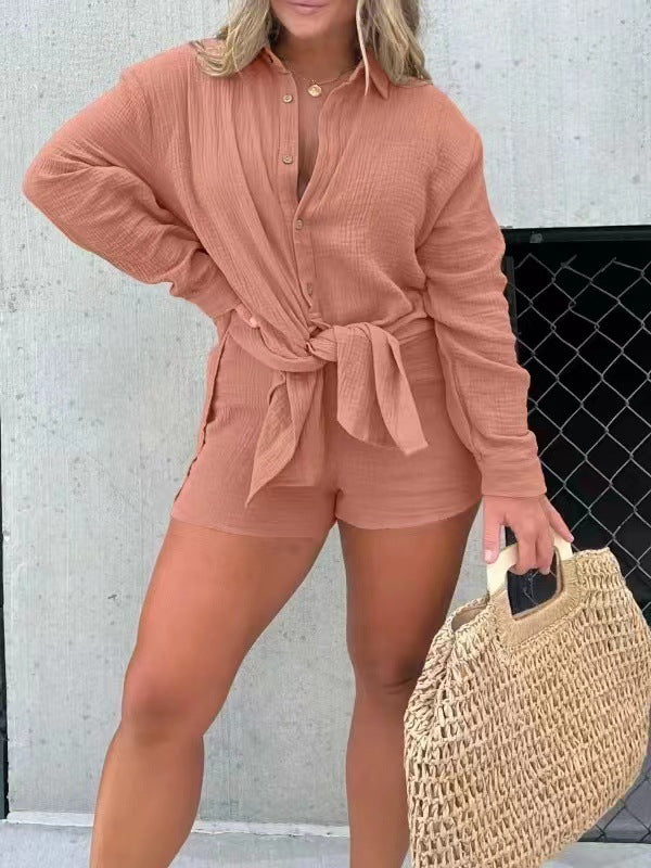 NTG Fad SUIT Rose gold / 2XL 2023 Pleated long-sleeved shirt, high-waisted shorts, fashionable and casual two-piece set