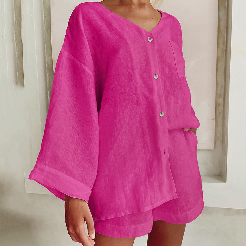 NTG Fad SUIT Rose Red / S Cotton linen long-sleeved loose V-neck shorts loose suit