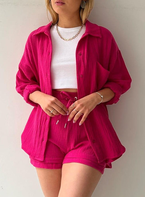 NTG Fad SUIT Rose Red / S Crepe Lapel Long Sleeve Shirt High Waist Drawstring Shorts Casual Two-Piece Set