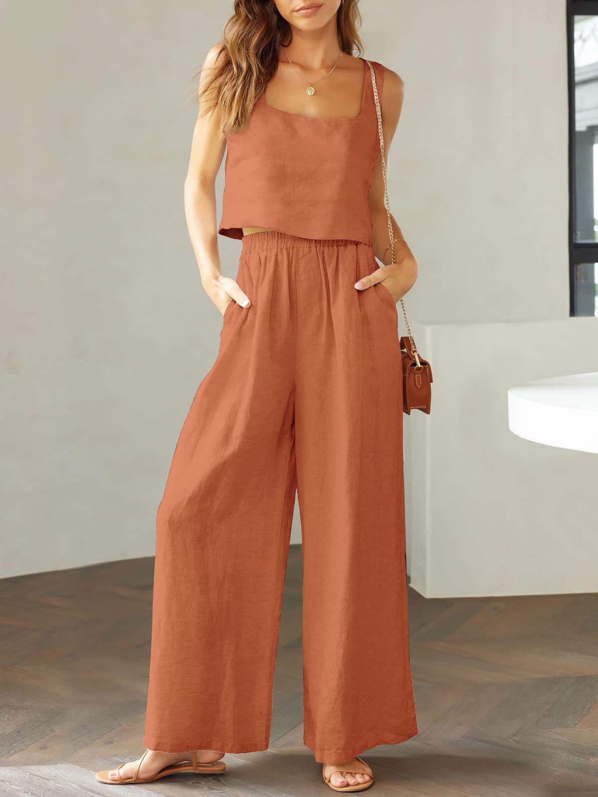 NTG Fad SUIT Rust red / S Cotton linen sleeveless camisole wide-leg trousers casual suit
