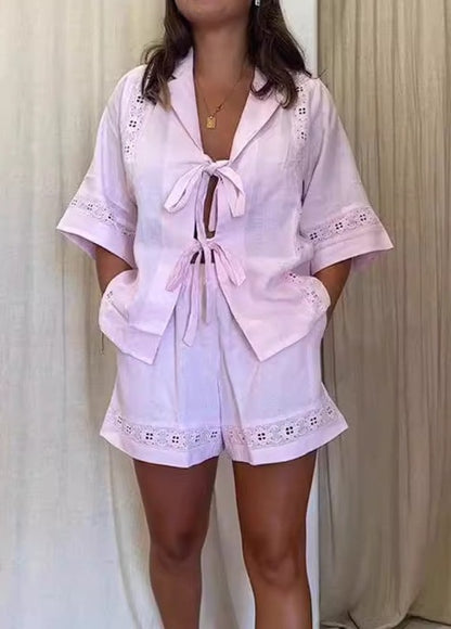 NTG Fad SUIT Strappy hollow short-sleeved shirt + shorts casual two-piece set