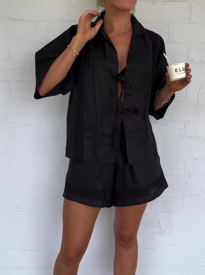 NTG Fad SUIT Strappy hollow short-sleeved shirt + shorts casual two-piece set