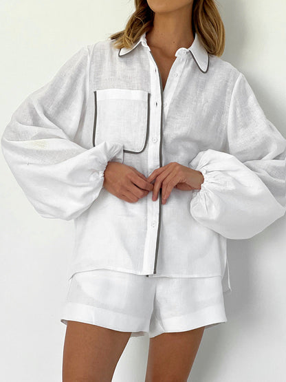 NTG Fad SUIT Two-piece cotton and linen design contrast shirt and shorts