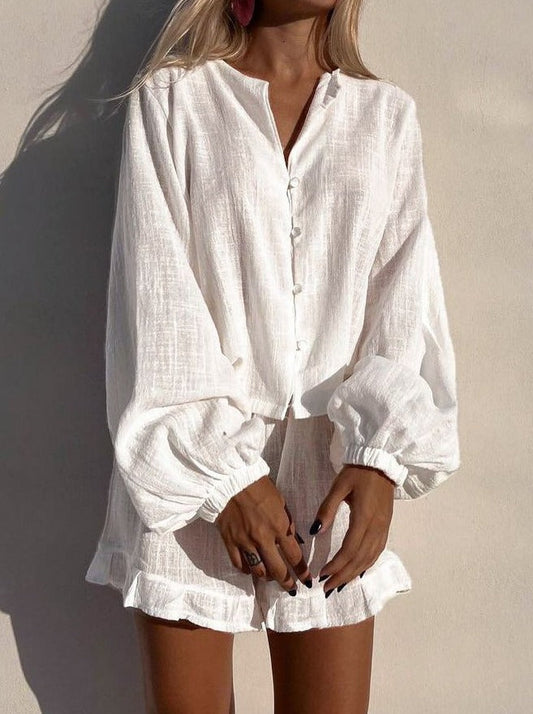 NTG Fad SUIT White / L Pure cotton simple shorts suit French ruffle