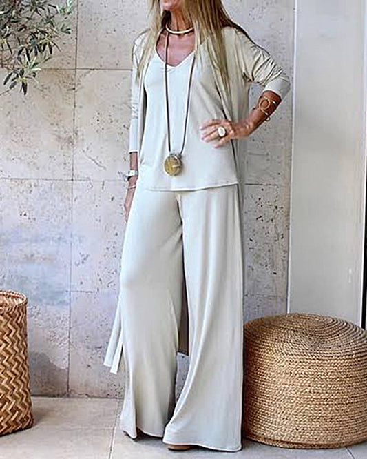 NTG Fad SUIT White / S 3-Piece Cardigan Sleeveless Camisole and Wide-Leg Pants Baggy Pants Set