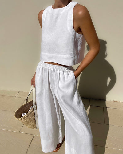 NTG Fad SUIT White / S Chic Solid Linen Sleeveless 2-Piece Set