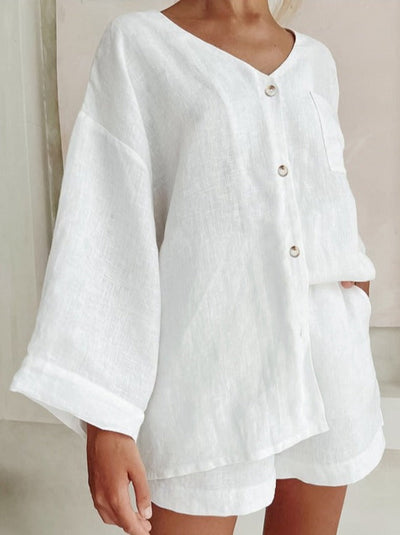 NTG Fad SUIT White / S Cotton linen long-sleeved loose V-neck shorts loose suit