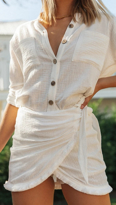 NTG Fad SUIT White / S Long Sleeve Shirt Irregular Skirt Set