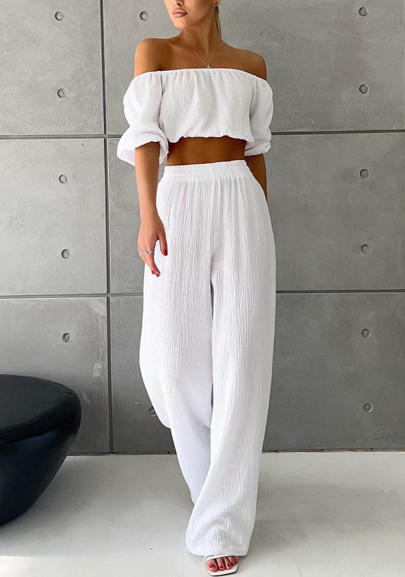 NTG Fad SUIT white / S One word collar top + casual straight pants set