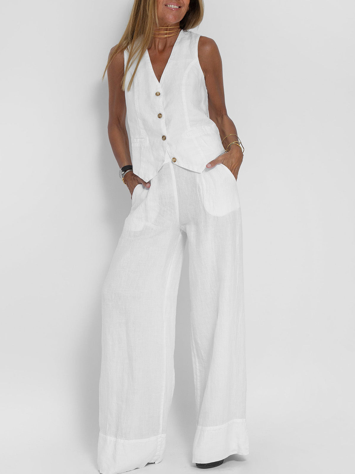 NTG Fad SUIT White / S Splicing vest trousers cotton and linen casual suit