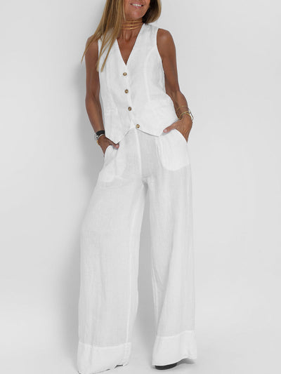 NTG Fad SUIT White / S Splicing vest trousers cotton and linen casual suit