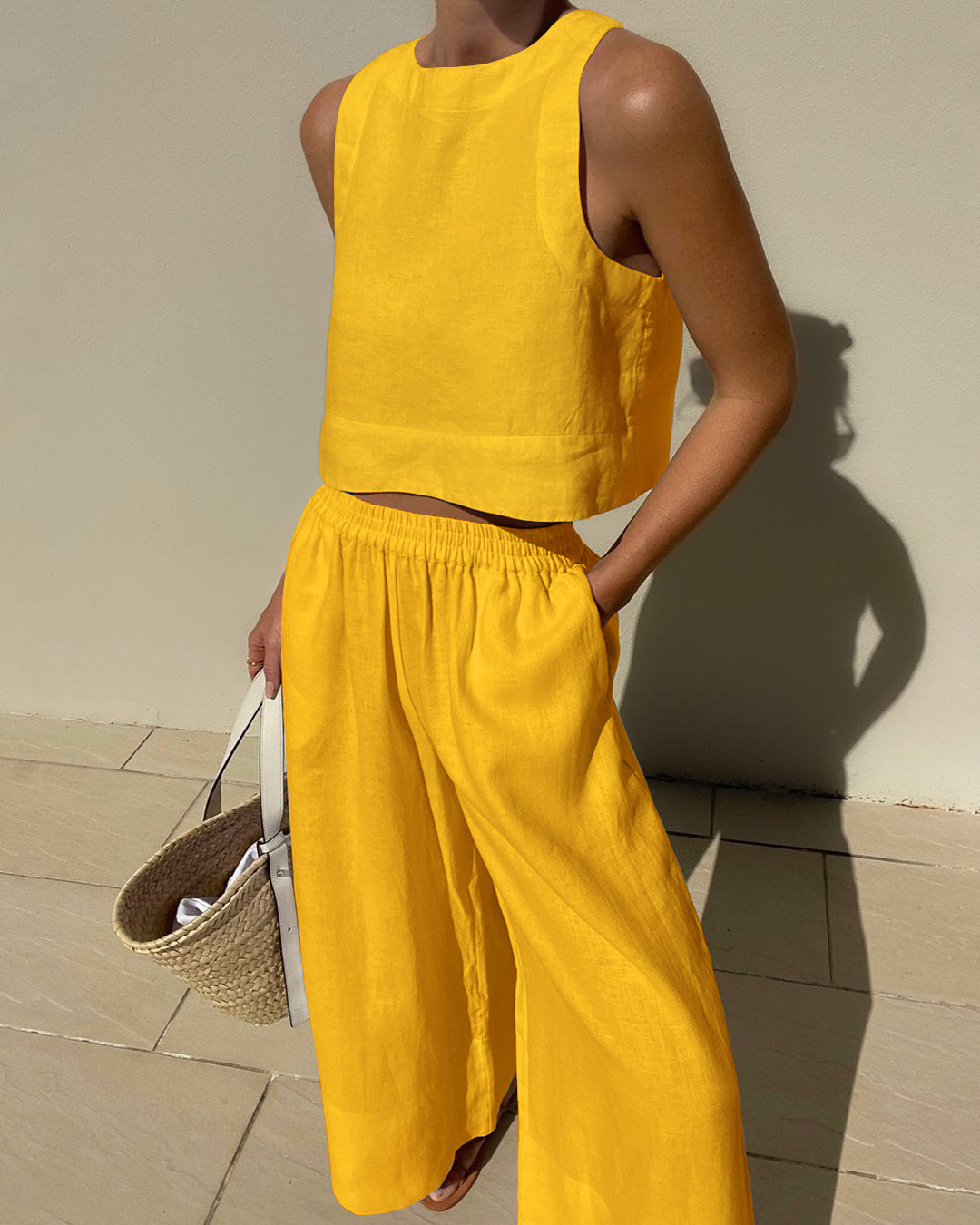 NTG Fad SUIT Yellow / S Chic Solid Linen Sleeveless 2-Piece Set