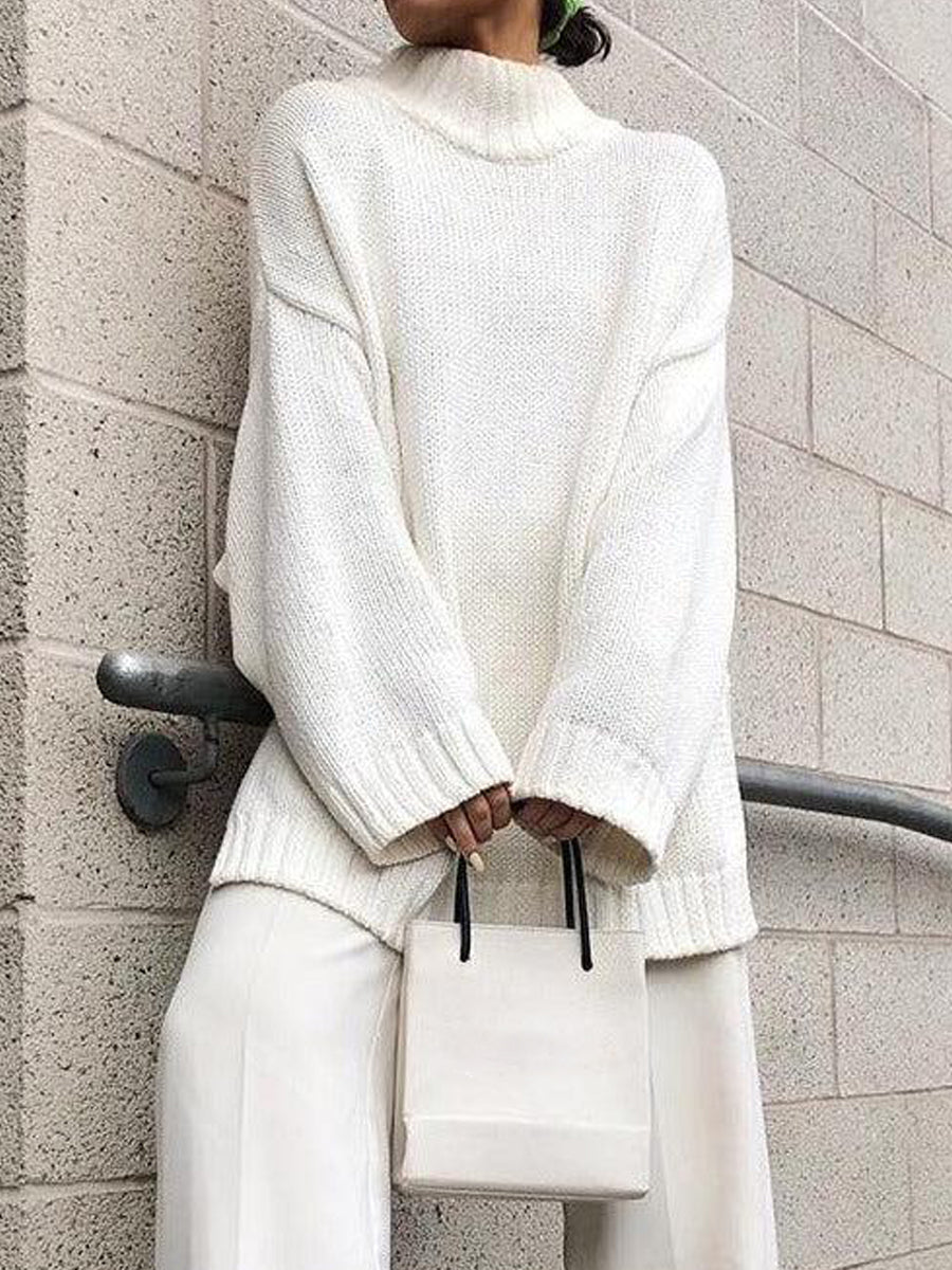 NTG Fad sweater White / S Long-sleeved loose solid color turtleneck sweater