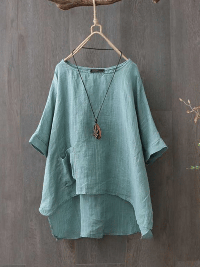 NTG Fad Tiffany blue / S Women's Cotton and Linen Round Neck Pocket Solid Color Irregular T-Shirt