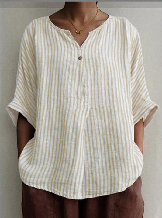 NTG Fad TOP Apricot / 3XL New V-neck striped loose short-sleeved cotton shirt