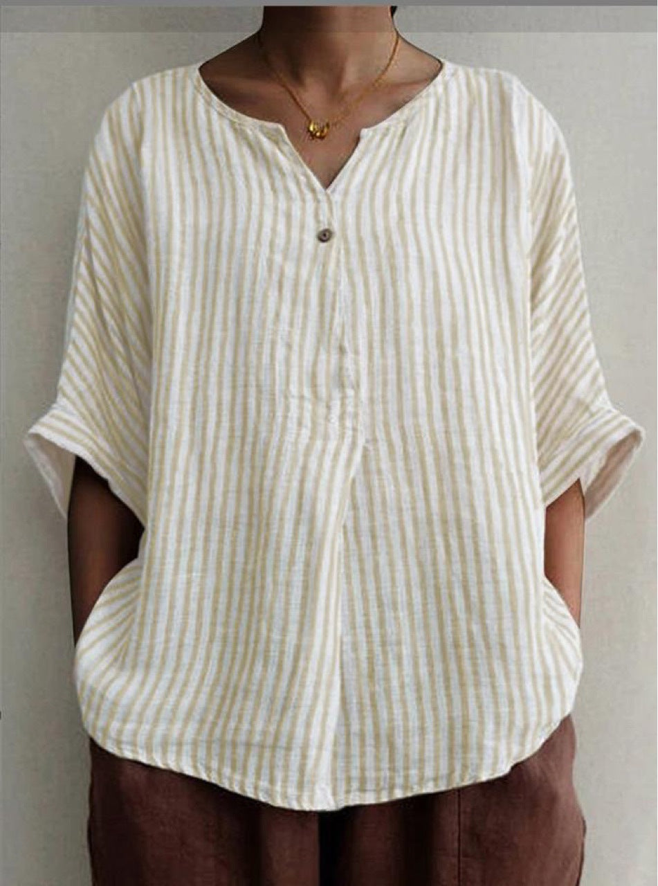 NTG Fad TOP Apricot / 3XL New V-neck striped loose short-sleeved cotton shirt