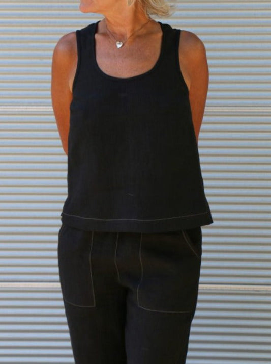 NTG Fad TOP Black / S U-neck cotton and linen vest with side slits-(Hand Made）