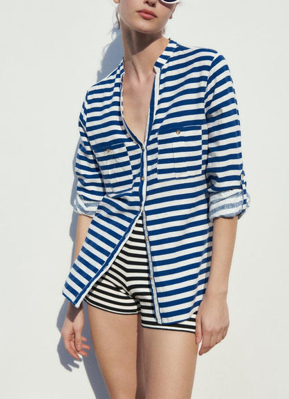 NTG Fad TOP Blue Stripe Linen / XS Linen V-Neck Casual Two-Pocket Shirt