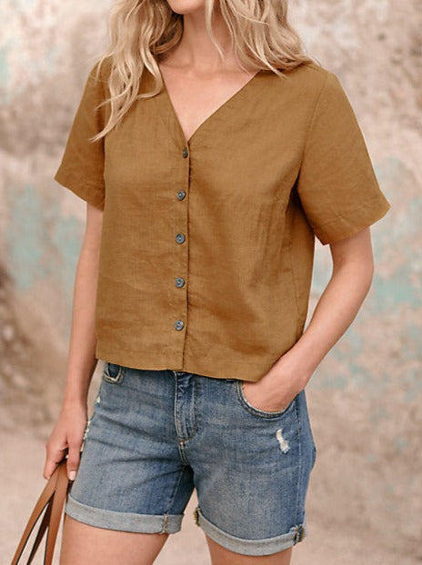 NTG Fad TOP Brown / S Button-Front Linen Top-(H爱你的