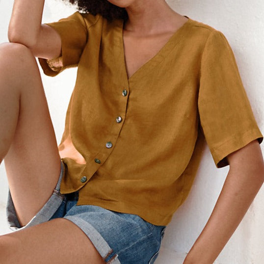 NTG Fad TOP Button-Front Linen Top-(H爱你的