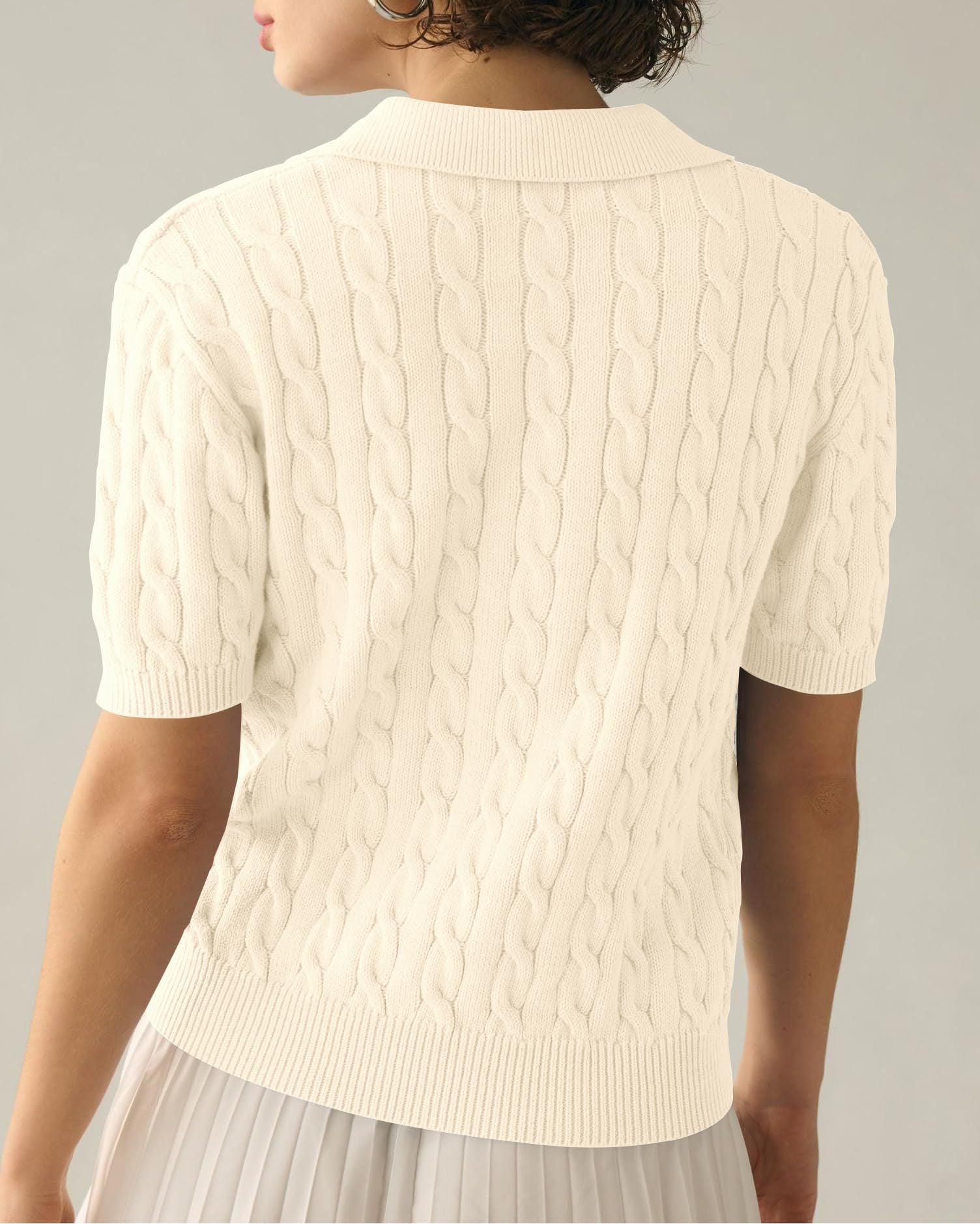 NTG Fad TOP Cable Short Sleeve Solid Lapel V Neck Knit Sweater