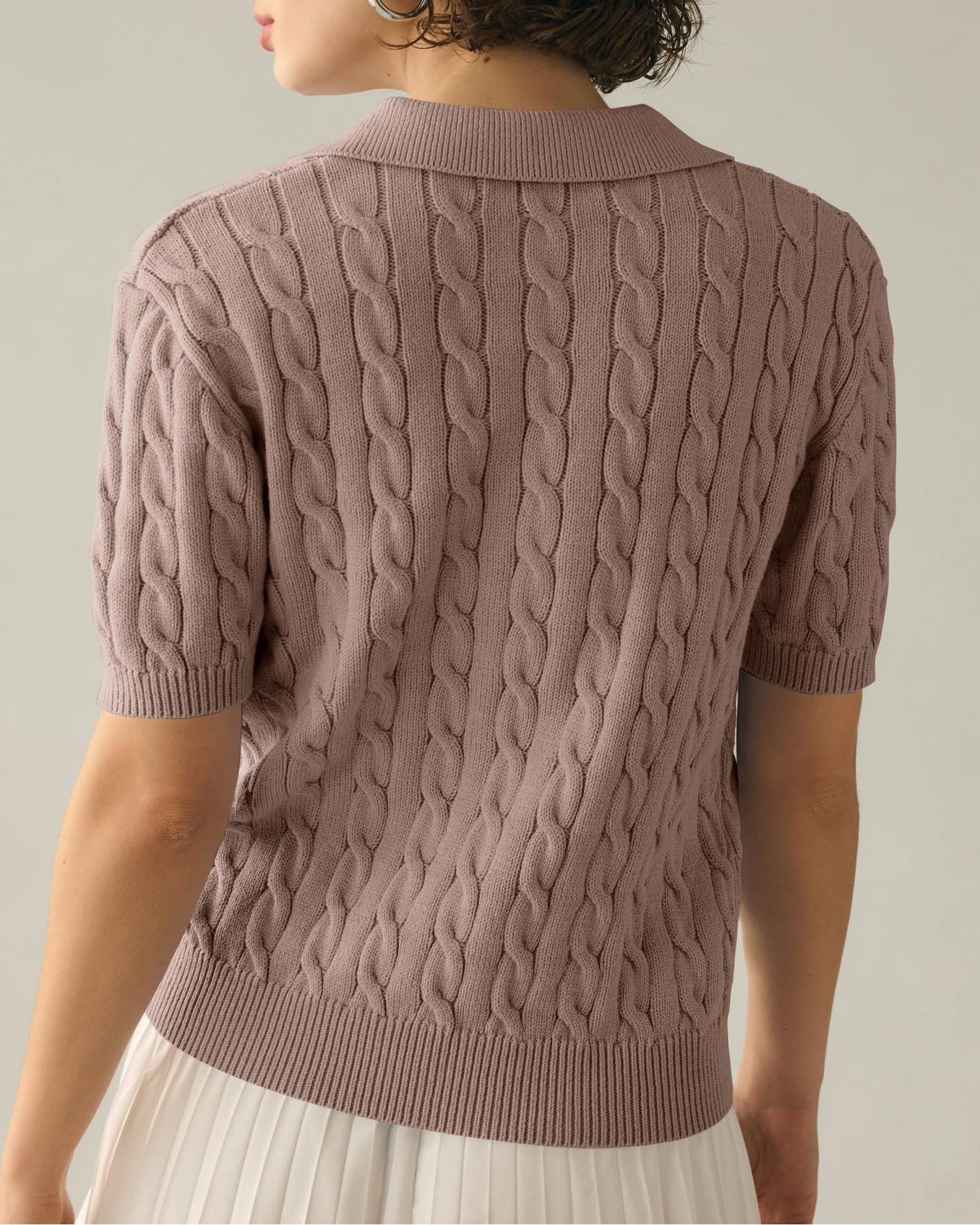 NTG Fad TOP Cable Short Sleeve Solid Lapel V Neck Knit Sweater
