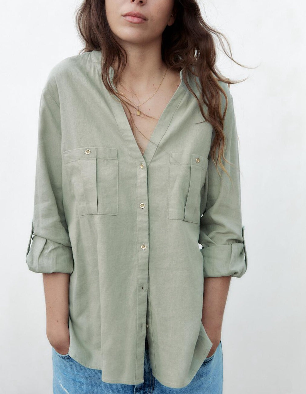 NTG Fad TOP Green Linen / XS Linen V-Neck Casual Two-Pocket Shirt