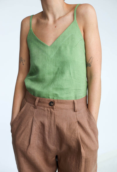 NTG Fad TOP Green / S Cotton and linen V-neck camisole-(Hand Made）