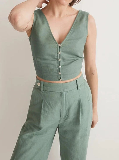NTG Fad TOP Green / S Linen and cotton cropped vest top-（Hand Made）