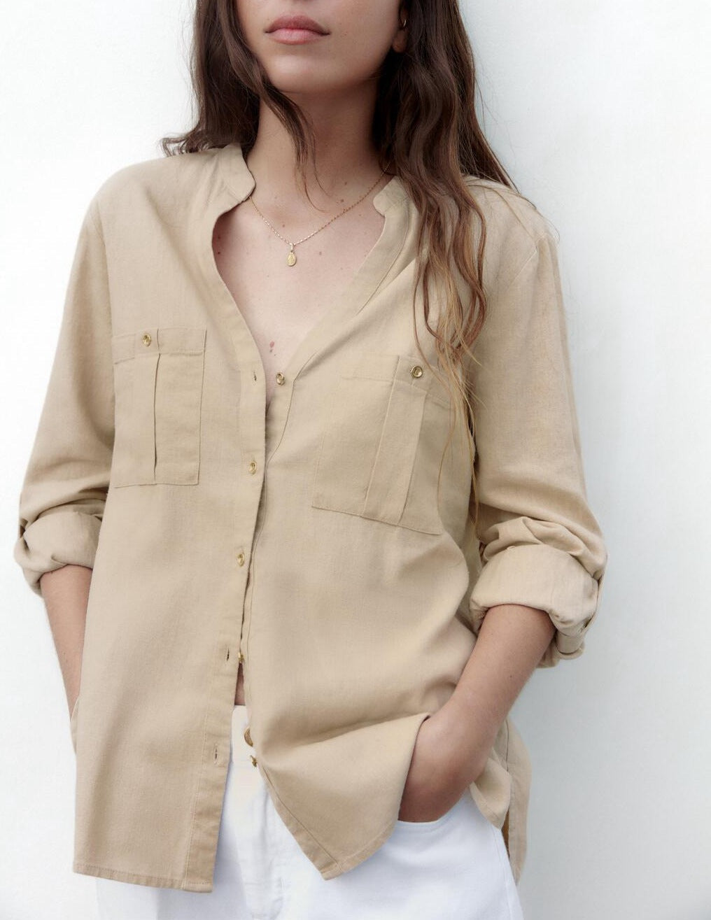 NTG Fad TOP Khaki Linen / S Linen V-Neck Casual Two-Pocket Shirt