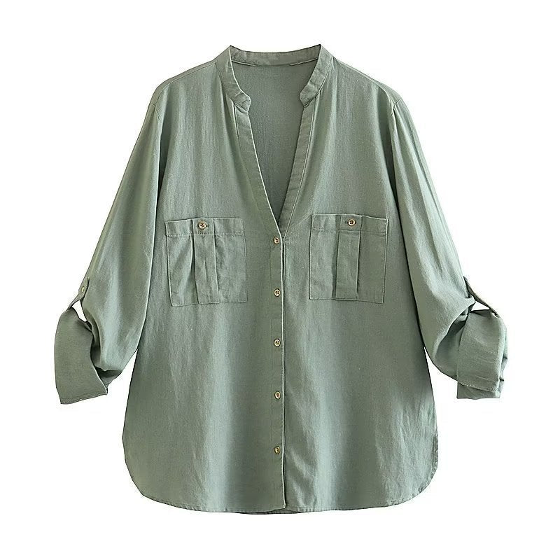 NTG Fad TOP Linen V-Neck Casual Two-Pocket Shirt
