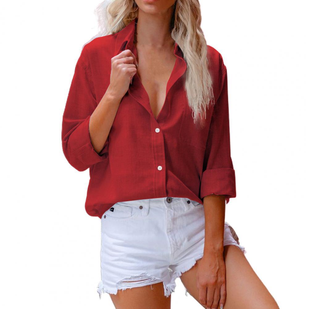 NTG Fad TOP red / S Casual Loose Linen Button Shirt Lapel Top