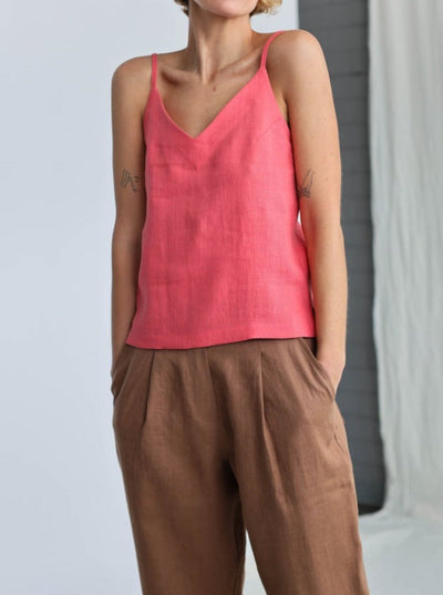 NTG Fad TOP Red / S Cotton and linen V-neck camisole-(Hand Made）