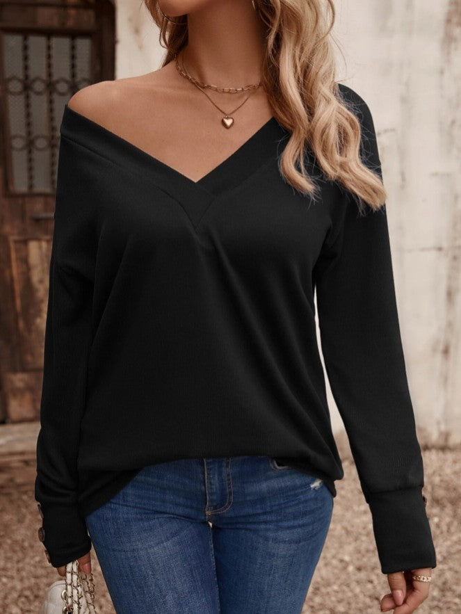 NTG Fad TOP Solid Color V Neck Loose Long Sleeve T-Shirt Buttons