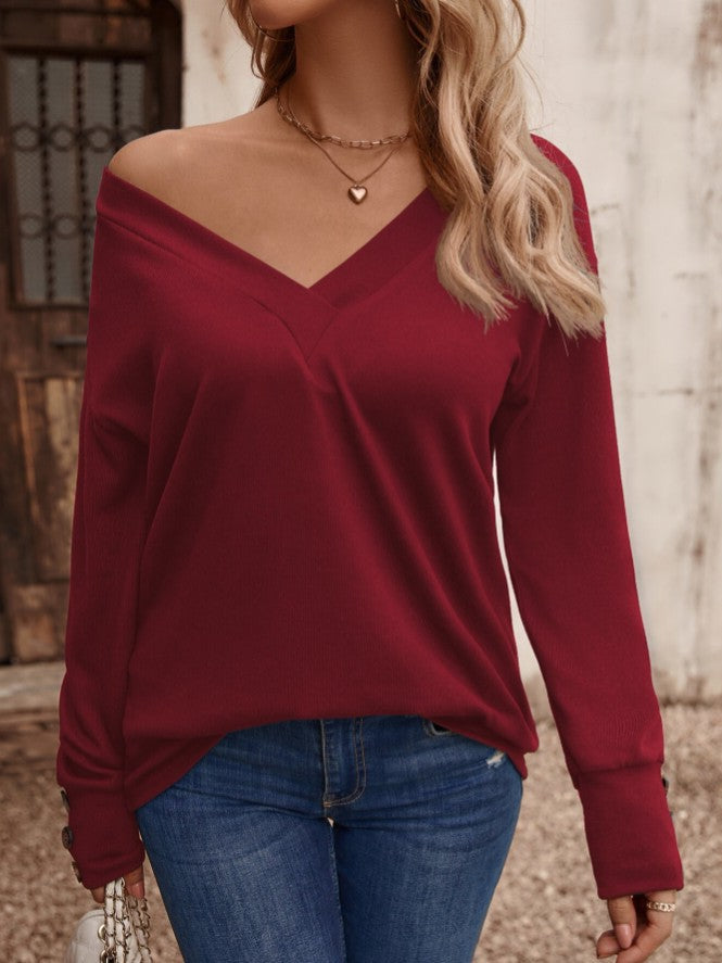 NTG Fad TOP Solid Color V Neck Loose Long Sleeve T-Shirt Buttons