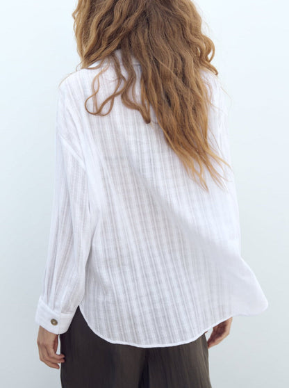 NTG Fad TOP White Lapel Vertical Lace Loose Long Sleeve Linen Shirt