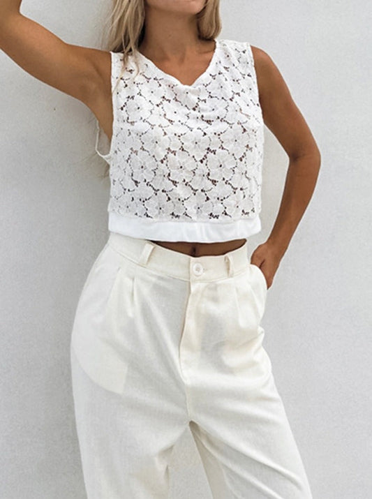 NTG Fad TOP White / S Hollow Lace Short V-Neck Sleeveless Top