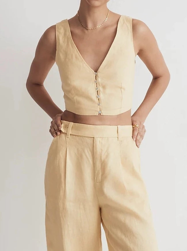 NTG Fad TOP Yellow / S Linen and cotton cropped vest top-（Hand Made）