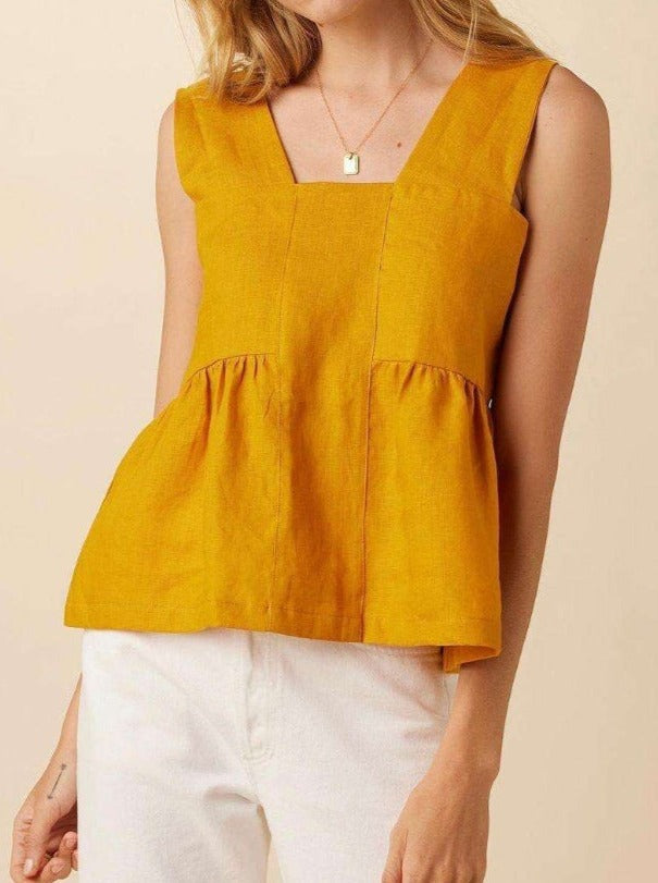 NTG Fad TOP Yellow / S Square-neck paneled linen and cotton top-（Hand Made）
