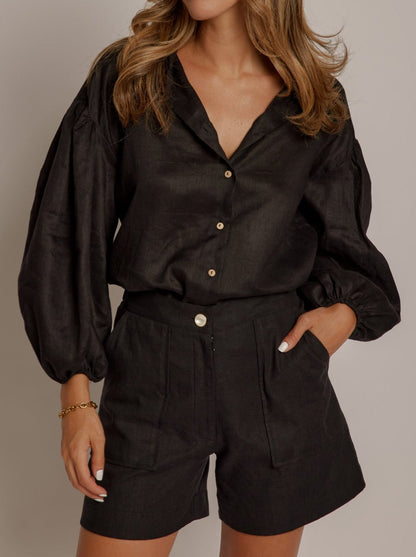 NTG Fad Tops Black / S Cotton and linen balloon sleeve shirt-(Hand Made)