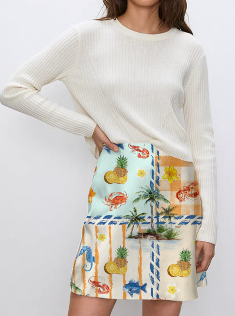 NTG Fad Tropical fruit and marine life print skirt-（Hand Made）