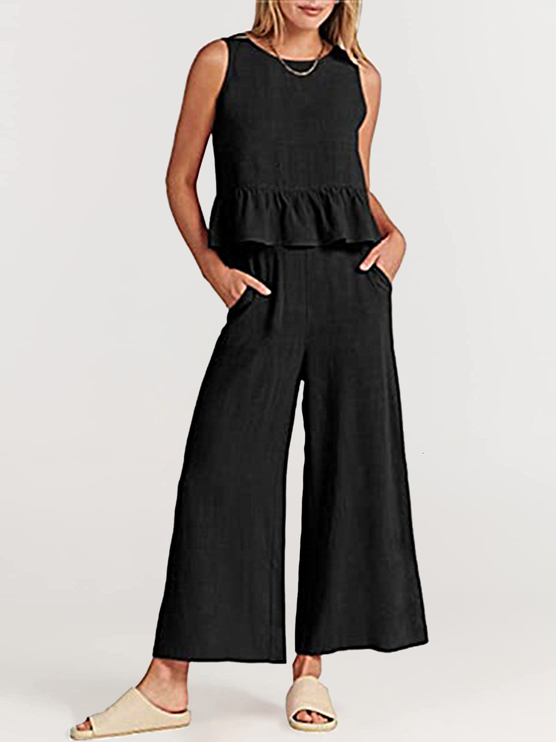 NTG Fad Two Pieces Sets Black / S(4-6) Two Piece Outfits Sleeveless Top and Wide Leg Pants Lounge Set