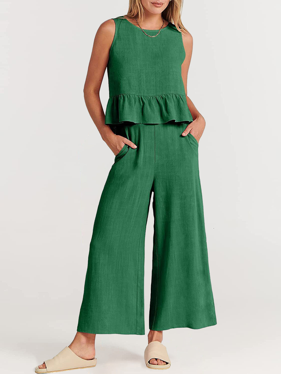NTG Fad Two Pieces Sets Dark Green / S(4-6) Two Piece Outfits Sleeveless Top and Wide Leg Pants Lounge Set