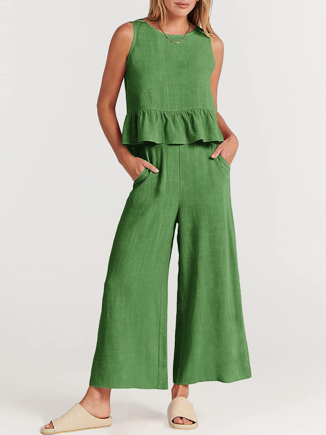 NTG Fad Two Pieces Sets Green / S(4-6) Two Piece Outfits Sleeveless Top and Wide Leg Pants Lounge Set