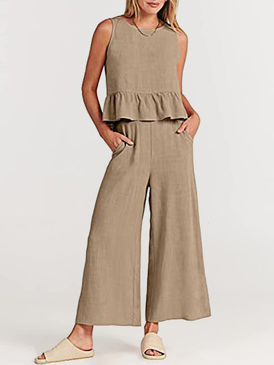 NTG Fad Two Pieces Sets Khaki / S(4-6) Two Piece Outfits Sleeveless Top and Wide Leg Pants Lounge Set