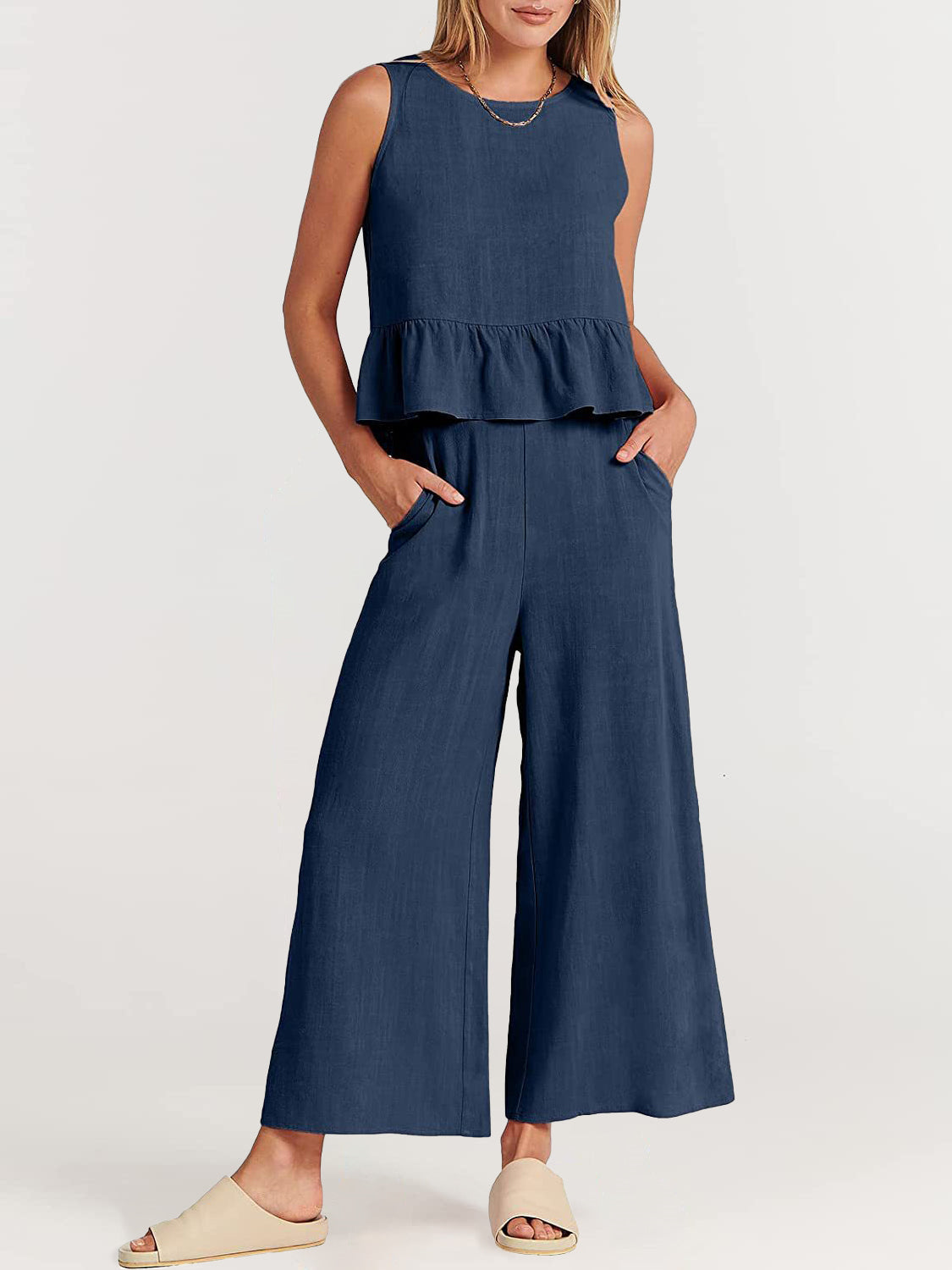 NTG Fad Two Pieces Sets Navy blue / S(4-6) Two Piece Outfits Sleeveless Top and Wide Leg Pants Lounge Set