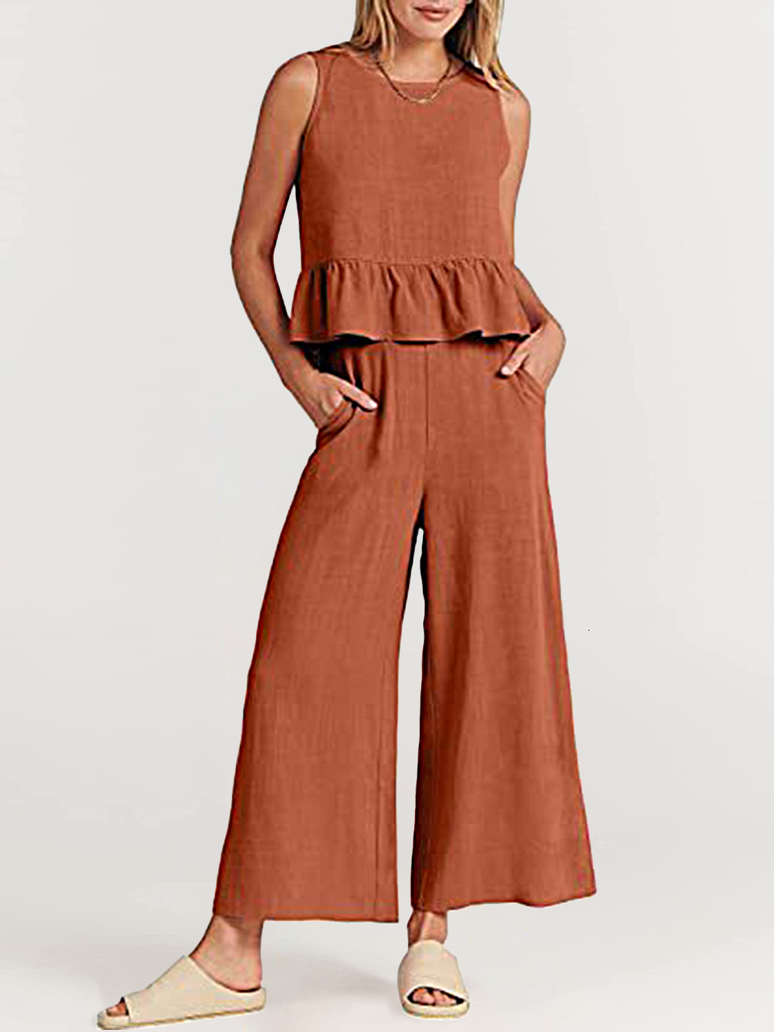 NTG Fad Two Pieces Sets Orange / S(4-6) Two Piece Outfits Sleeveless Top and Wide Leg Pants Lounge Set