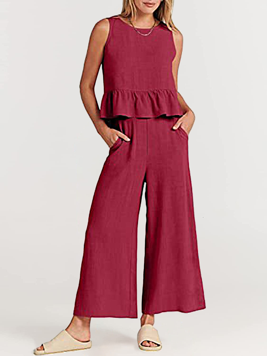 NTG Fad Two Pieces Sets Red / S(4-6) Two Piece Outfits Sleeveless Top and Wide Leg Pants Lounge Set