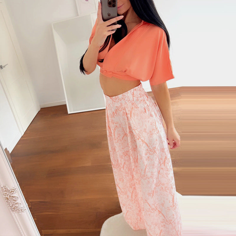 NTG Fad Two Pieces Sets V-neck sexy short top casual printed wide-leg pants two-piece set