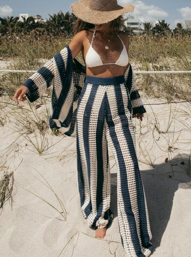 NTG Fad V-neck hollow striped shirt loose knit wide-leg pants suit